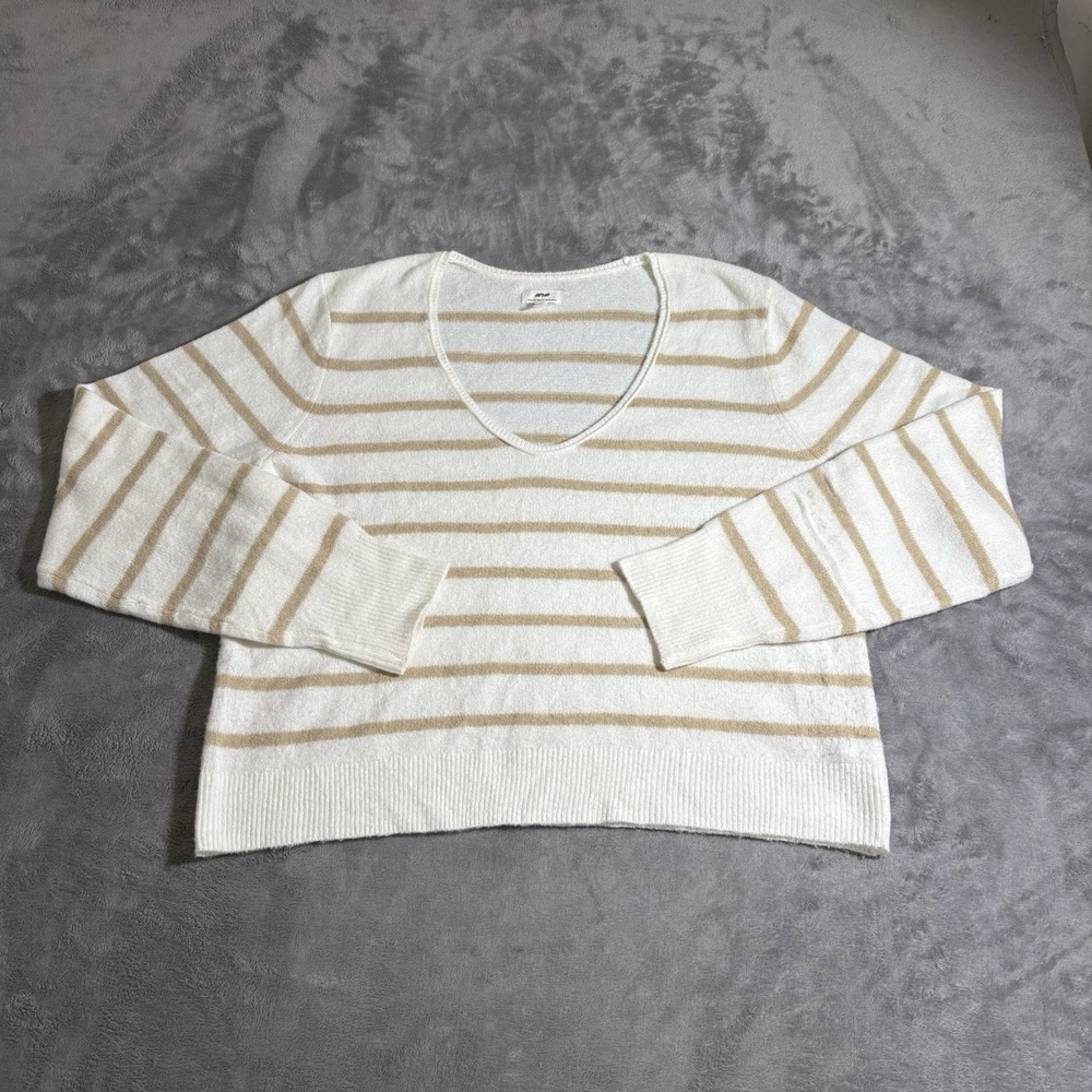 Aerie Unreal Sweater Womens XL Striped V Neck Soft Casual Lightweight White